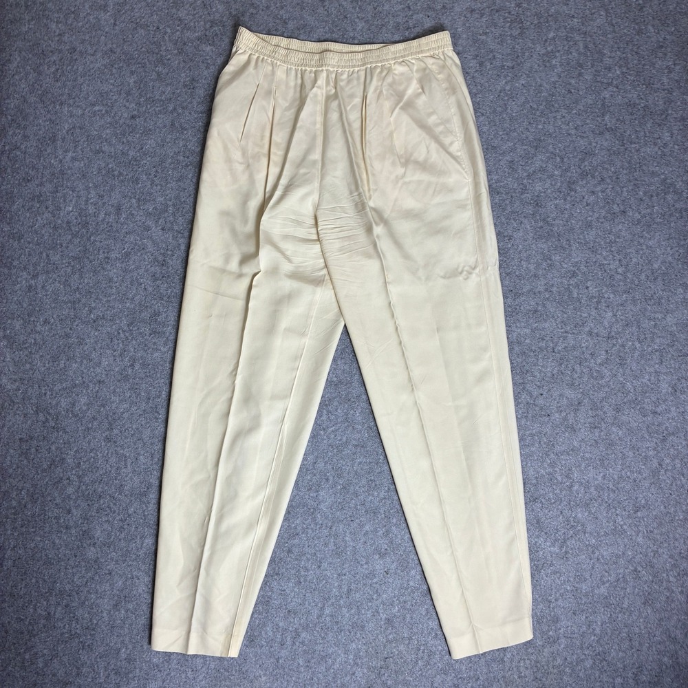 Saks Fifth Petites S Cream High Waisted Pleated Tapered Trousers Elastic Waist